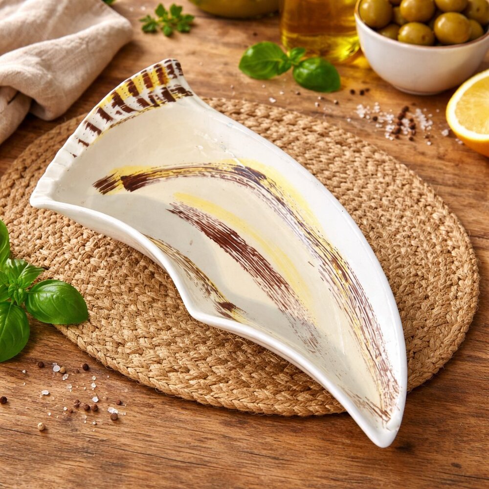 Vintage USA Pottery Boomerang Ashtray 218 Mid Century Modern Atomic Brown Yellow